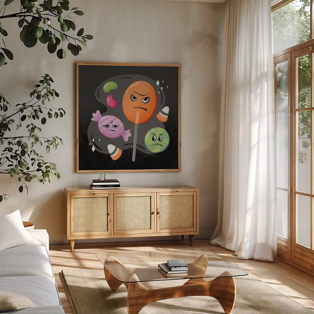 Hocus Pocus III by Gia Graham. Shown in a natural wood frame in a cozy modern living room. Available as an archival giclee rolled canvas, fine art paper, or poster print. SKU 84336a.