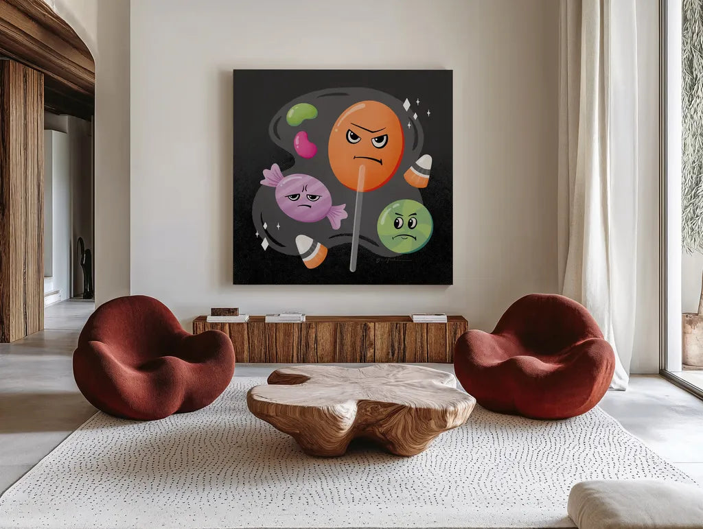Hocus Pocus III by Gia Graham. Shown as extra-large giant wall art in a modern living room. Available as an archival giclee rolled canvas, fine art paper, or poster print. SKU 84336a.
