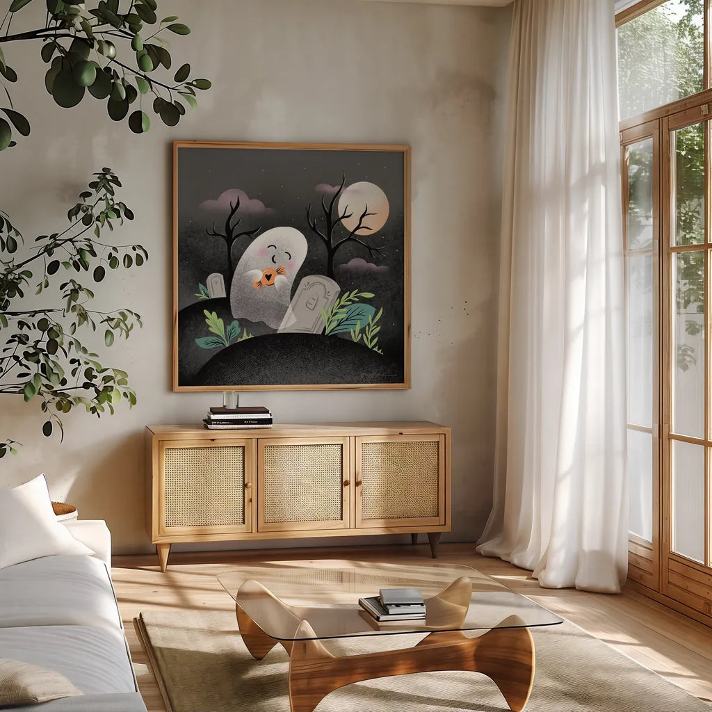 Hocus Pocus IV by Gia Graham. Shown in a natural wood frame in a cozy modern living room. Available as an archival giclee rolled canvas, fine art paper, or poster print. SKU 84337a.