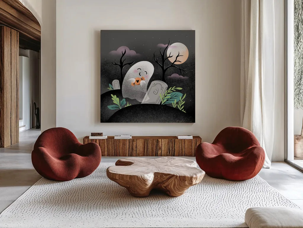 Hocus Pocus IV by Gia Graham. Shown as extra-large giant wall art in a modern living room. Available as an archival giclee rolled canvas, fine art paper, or poster print. SKU 84337a.