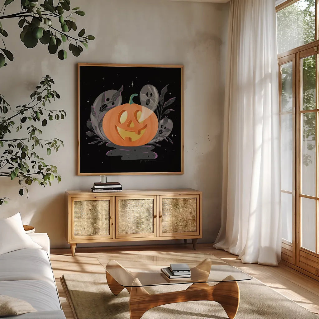 Hocus Pocus V by Gia Graham. Shown in a natural wood frame in a cozy modern living room. Available as an archival giclee rolled canvas, fine art paper, or poster print. SKU 84338a.