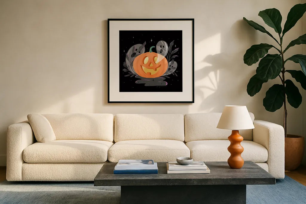 Hocus Pocus V by Gia Graham. Displayed in a glass frame with matte in a clean modern living room. Available as an archival giclee rolled canvas, fine art paper, or poster print. SKU 84338a.