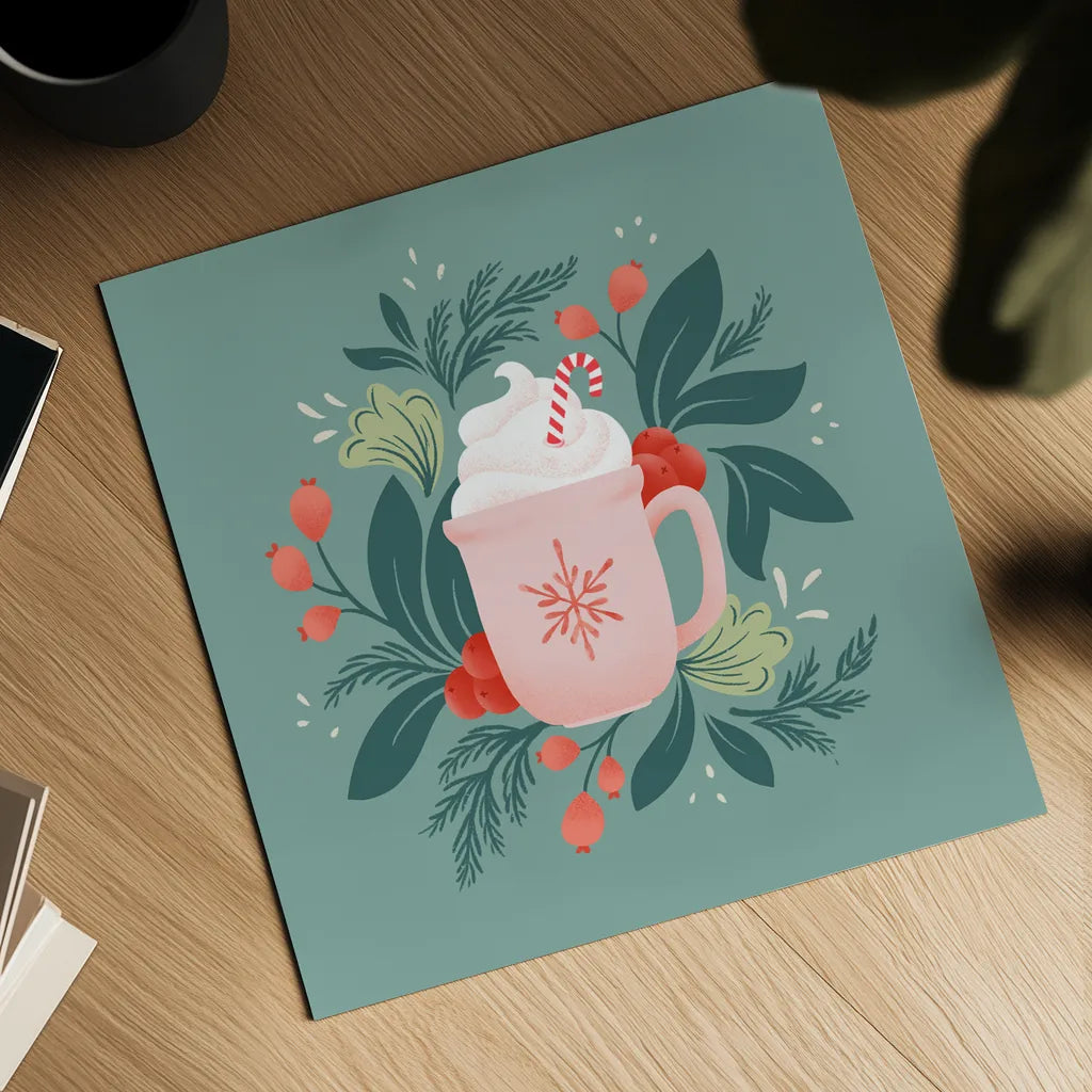 Holiday Mug I by Gia Graham. Shown as a detailed flat fine art print, highlighting archival giclee quality. Available as an archival giclee rolled canvas, fine art paper, or poster print. SKU 75358a.