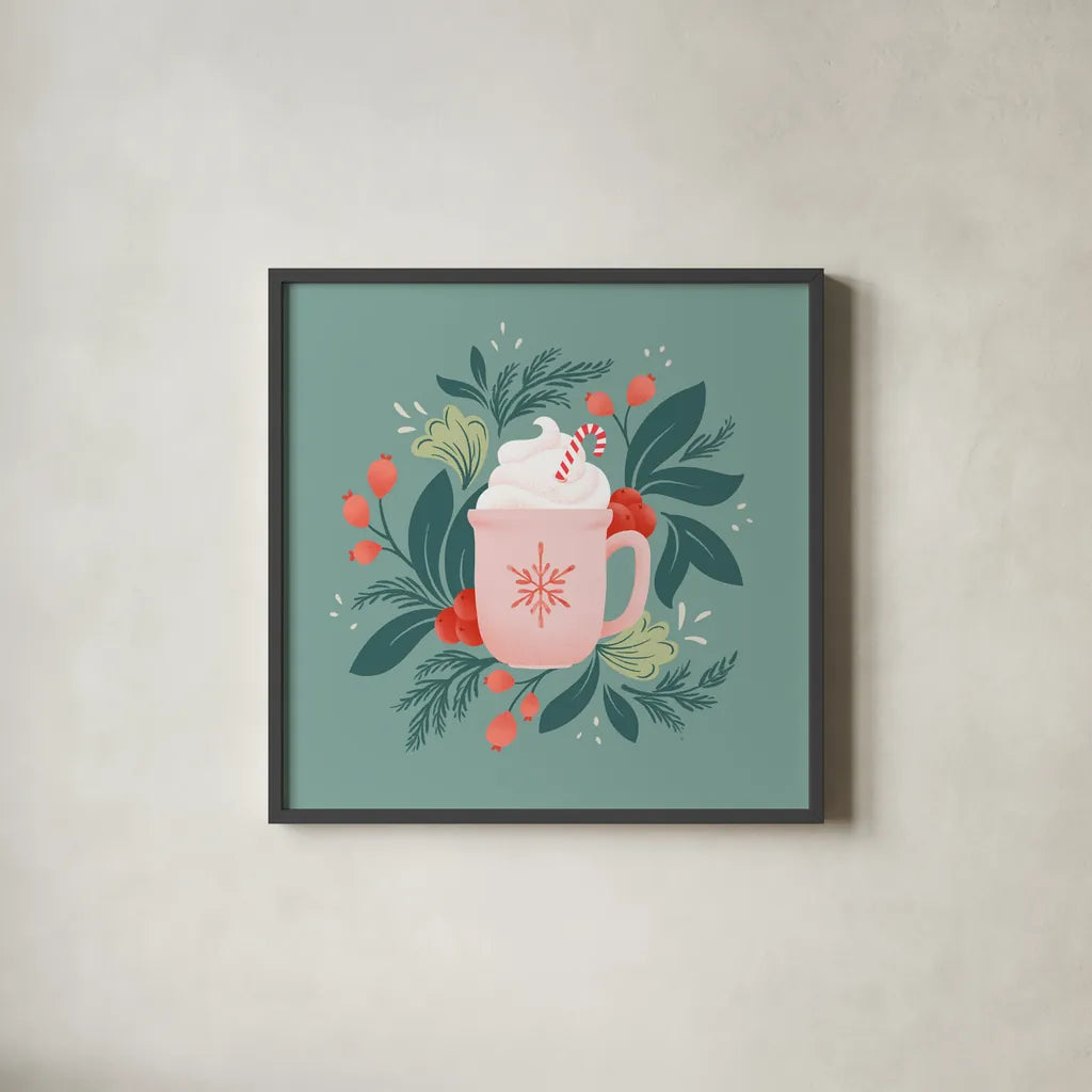 Holiday Mug I by Gia Graham. Shown in a sleek black glass frame for a contemporary gallery look. Available as an archival giclee rolled canvas, fine art paper, or poster print. SKU 75358a.