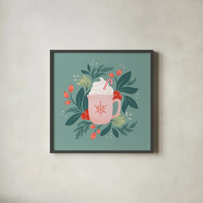 Holiday Mug I by Gia Graham. Shown in a sleek black glass frame for a contemporary gallery look. Available as an archival giclee rolled canvas, fine art paper, or poster print. SKU 75358a.