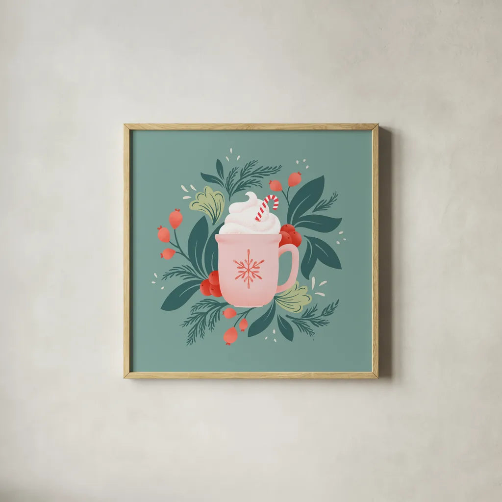 Holiday Mug I by Gia Graham. Shown in a natural wood glass frame for a timeless modern aesthetic. Available as an archival giclee rolled canvas, fine art paper, or poster print. SKU 75358a.