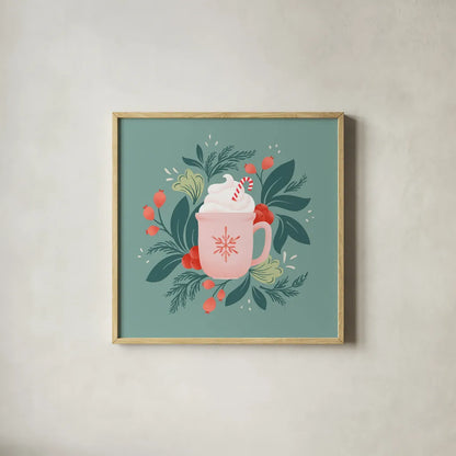 Holiday Mug I by Gia Graham. Shown in a natural wood glass frame for a timeless modern aesthetic. Available as an archival giclee rolled canvas, fine art paper, or poster print. SKU 75358a.