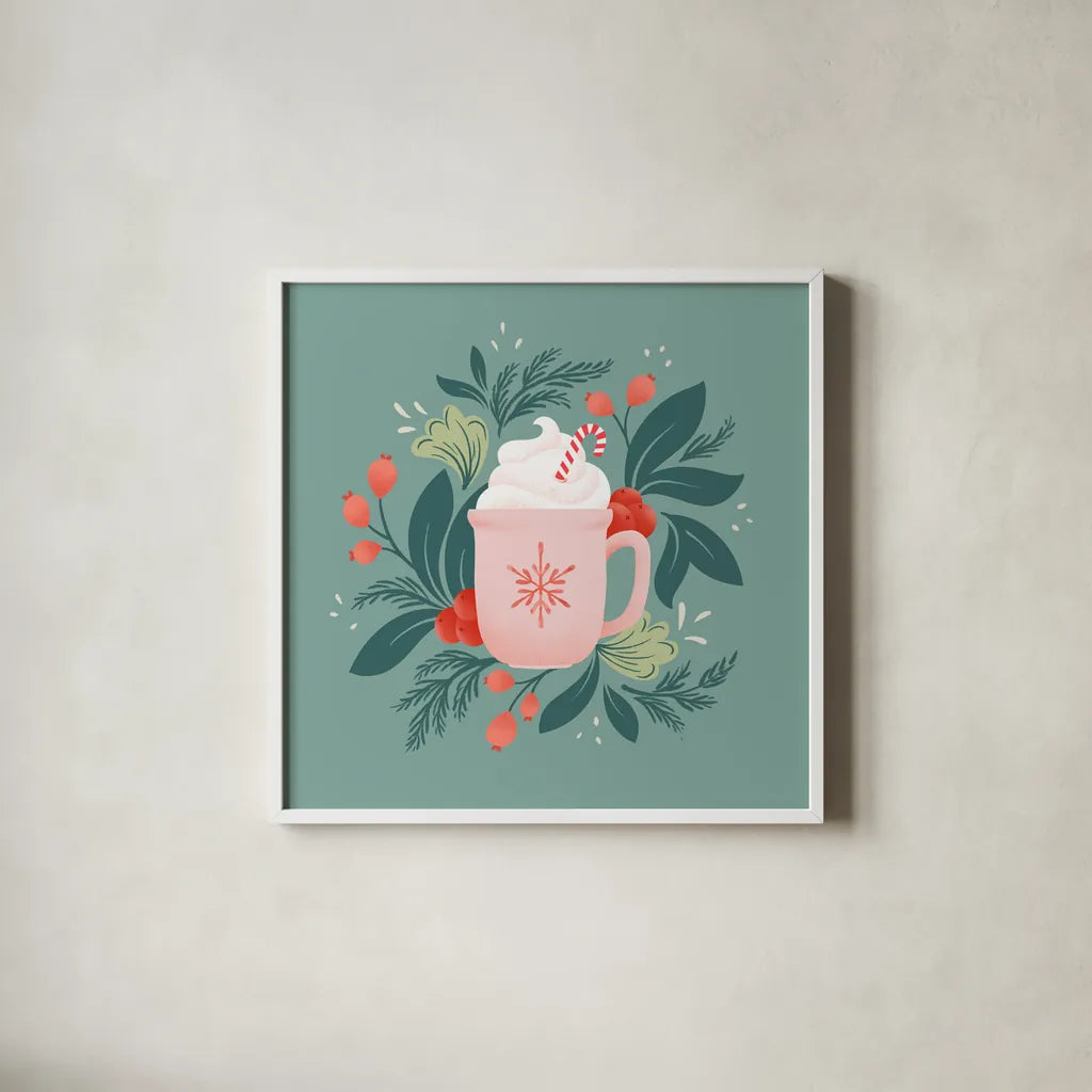 Holiday Mug I by Gia Graham. Shown in a crisp white glass frame for a clean and minimalist style. Available as an archival giclee rolled canvas, fine art paper, or poster print. SKU 75358a.