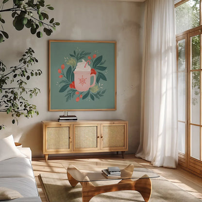 Holiday Mug I by Gia Graham. Shown in a natural wood frame in a cozy modern living room. Available as an archival giclee rolled canvas, fine art paper, or poster print. SKU 75358a.