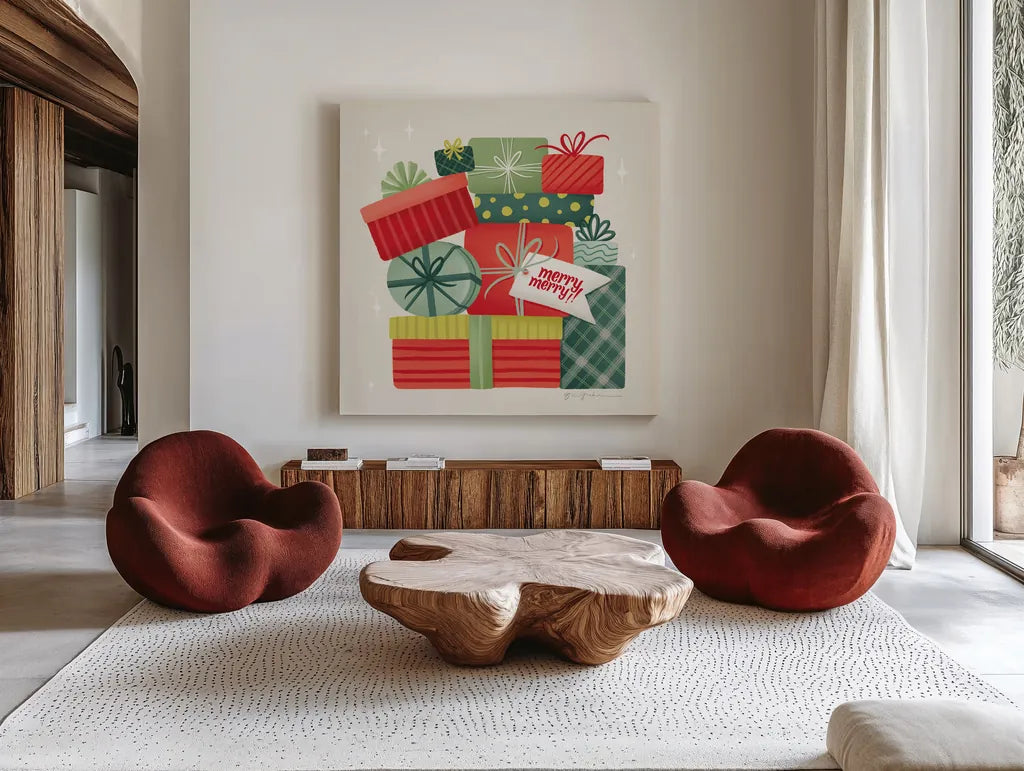 Home for the Holidays I by Gia Graham. Shown as extra-large giant wall art in a modern living room. Available as an archival giclee rolled canvas, fine art paper, or poster print. SKU 98811a.
