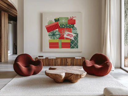 Home for the Holidays I by Gia Graham. Shown as extra-large giant wall art in a modern living room. Available as an archival giclee rolled canvas, fine art paper, or poster print. SKU 98811a.