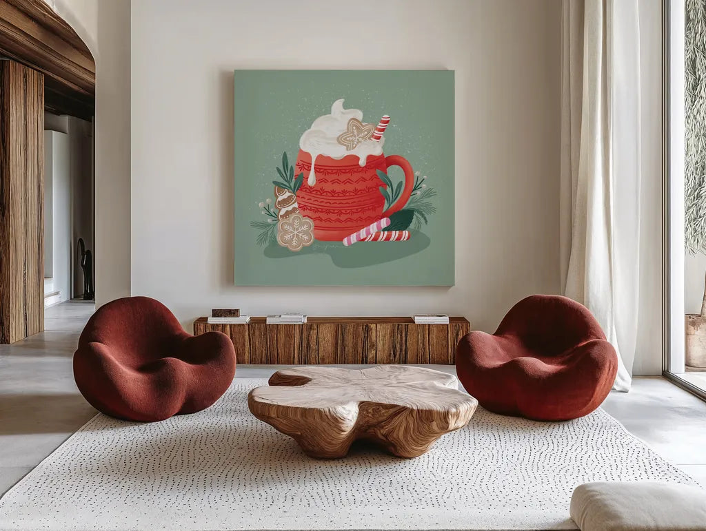 Home for the Holidays II by Gia Graham. Shown as extra-large giant wall art in a modern living room. Available as an archival giclee rolled canvas, fine art paper, or poster print. SKU 98812a.