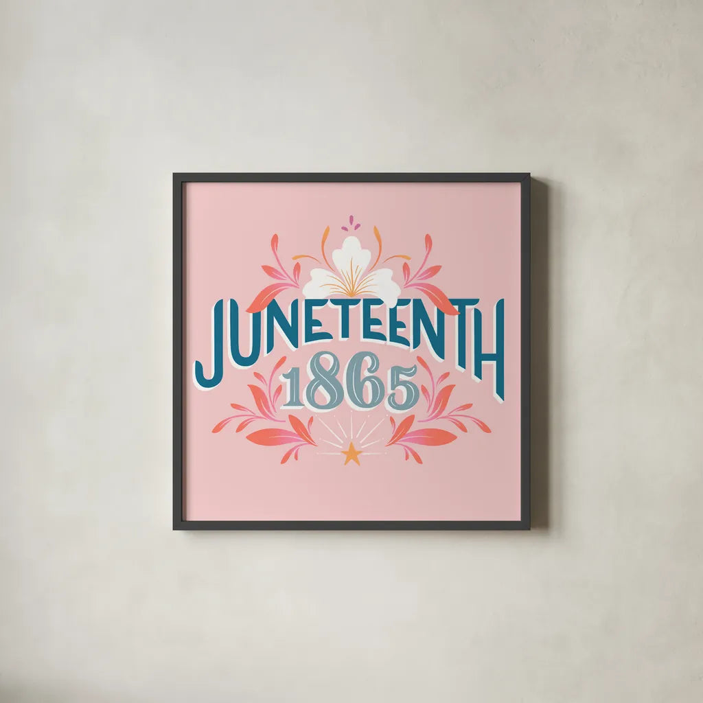 Juneteenth I by Gia Graham. Shown in a sleek black glass frame for a contemporary gallery look. Available as an archival giclee rolled canvas, fine art paper, or poster print. SKU 75359a.