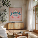 Juneteenth I by Gia Graham. Shown in a natural wood frame in a cozy modern living room. Available as an archival giclee rolled canvas, fine art paper, or poster print. SKU 75359a.