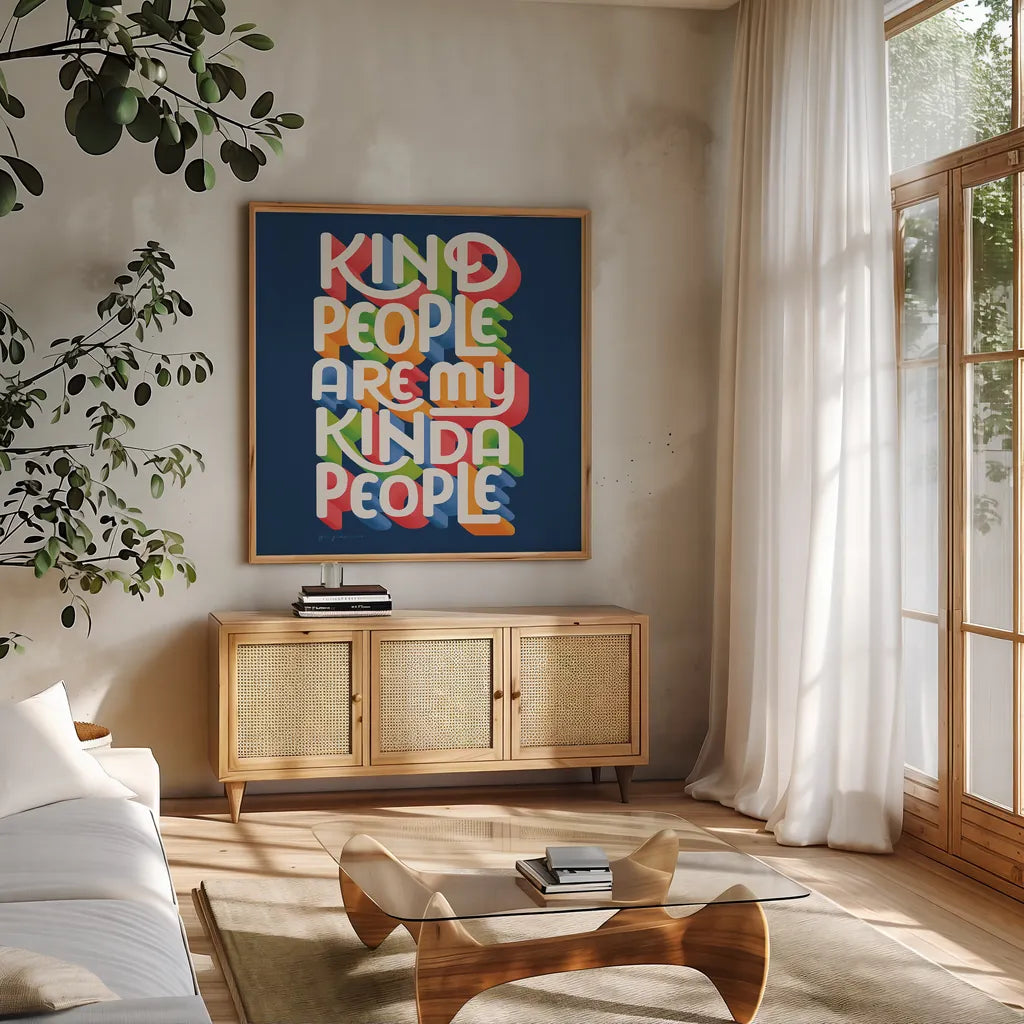 Kind People I Bright Sq by Gia Graham. Shown in a natural wood frame in a cozy modern living room. Available as an archival giclee rolled canvas, fine art paper, or poster print. SKU 79538a.