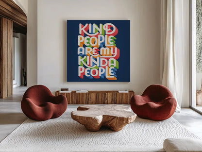 Kind People I Bright Sq by Gia Graham. Shown as extra-large giant wall art in a modern living room. Available as an archival giclee rolled canvas, fine art paper, or poster print. SKU 79538a.