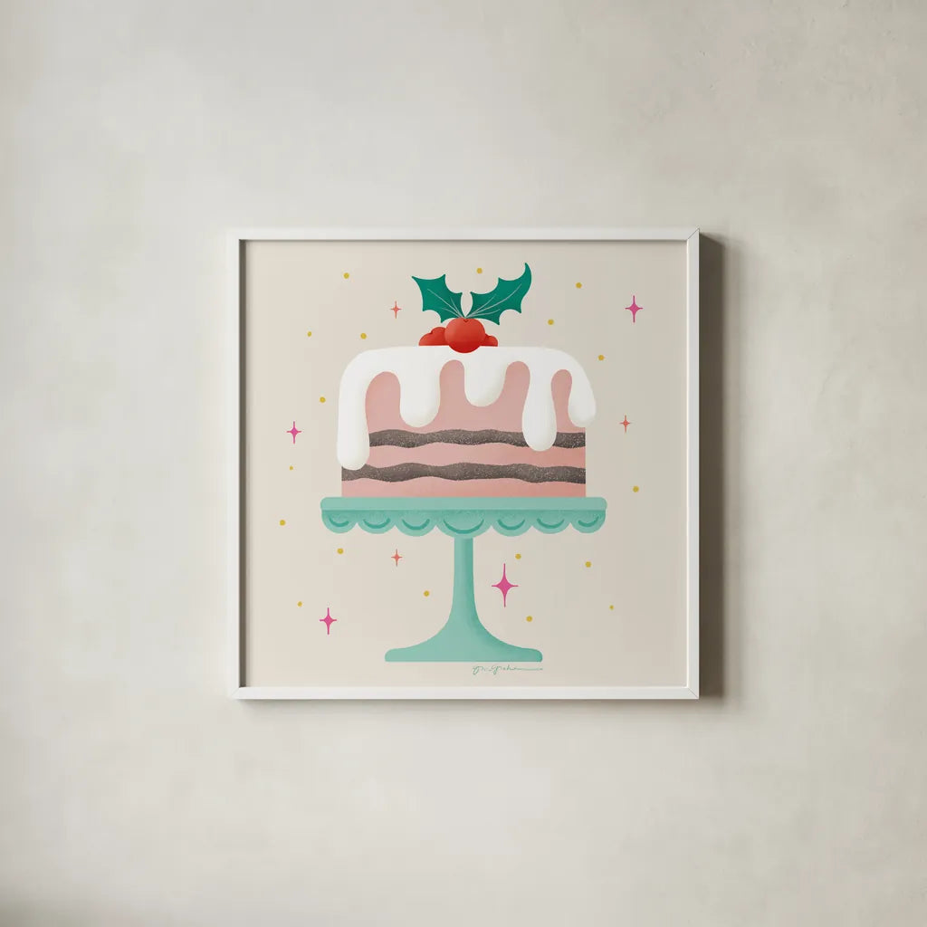 Lets Get Merry III by Gia Graham. Shown in a crisp white glass frame for a clean and minimalist style. Available as an archival giclee rolled canvas, fine art paper, or poster print. SKU 87525a.