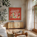 Lets Get Merry IV by Gia Graham. Shown in a natural wood frame in a cozy modern living room. Available as an archival giclee rolled canvas, fine art paper, or poster print. SKU 87526a.