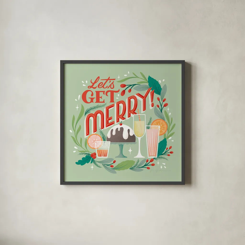 Lets Get Merry V by Gia Graham. Shown in a sleek black glass frame for a contemporary gallery look. Available as an archival giclee rolled canvas, fine art paper, or poster print. SKU 87527a.