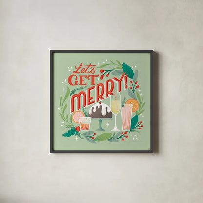 Lets Get Merry V by Gia Graham. Shown in a sleek black glass frame for a contemporary gallery look. Available as an archival giclee rolled canvas, fine art paper, or poster print. SKU 87527a.