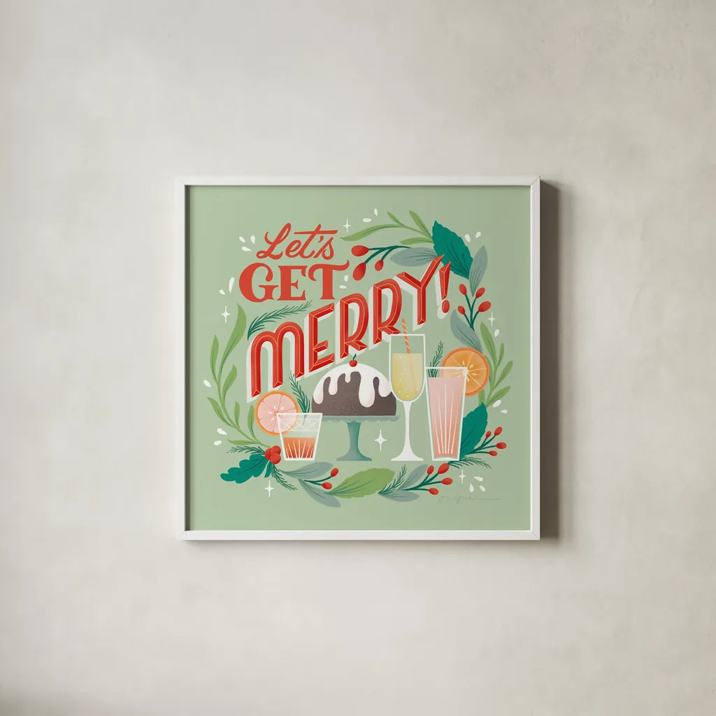 Lets Get Merry V by Gia Graham. Shown in a crisp white glass frame for a clean and minimalist style. Available as an archival giclee rolled canvas, fine art paper, or poster print. SKU 87527a.