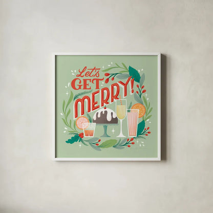 Lets Get Merry V by Gia Graham. Shown in a crisp white glass frame for a clean and minimalist style. Available as an archival giclee rolled canvas, fine art paper, or poster print. SKU 87527a.