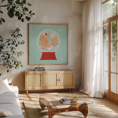Lets Get Merry VI by Gia Graham. Shown in a natural wood frame in a cozy modern living room. Available as an archival giclee rolled canvas, fine art paper, or poster print. SKU 87528a.