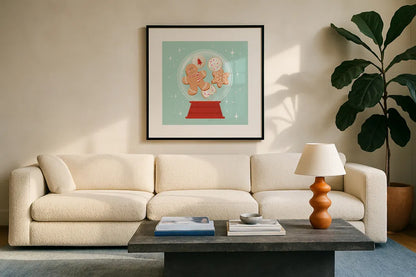 Lets Get Merry VI by Gia Graham. Displayed in a glass frame with matte in a clean modern living room. Available as an archival giclee rolled canvas, fine art paper, or poster print. SKU 87528a.