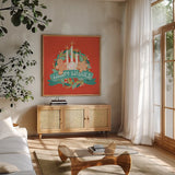 Lets Get Merry VII by Gia Graham. Shown in a natural wood frame in a cozy modern living room. Available as an archival giclee rolled canvas, fine art paper, or poster print. SKU 87529a.