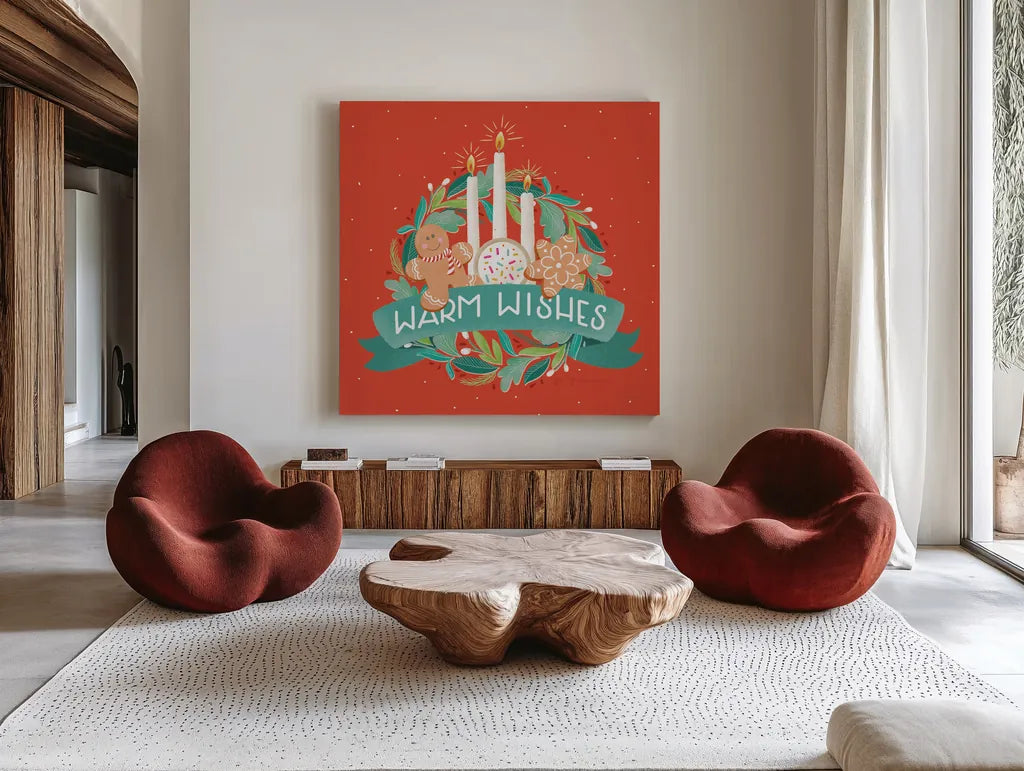 Lets Get Merry VII by Gia Graham. Shown as extra-large giant wall art in a modern living room. Available as an archival giclee rolled canvas, fine art paper, or poster print. SKU 87529a.