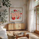 Love I by Gia Graham. Shown in a natural wood frame in a cozy modern living room. Available as an archival giclee rolled canvas, fine art paper, or poster print. SKU 84993a.