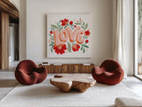 Love I by Gia Graham. Shown as extra-large giant wall art in a modern living room. Available as an archival giclee rolled canvas, fine art paper, or poster print. SKU 84993a.