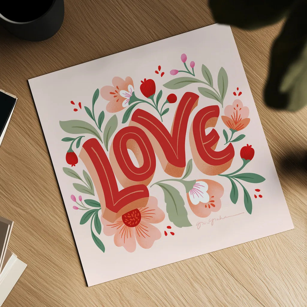 Love I Pink by Gia Graham. Shown as a detailed flat fine art print, highlighting archival giclee quality. Available as an archival giclee rolled canvas, fine art paper, or poster print. SKU 85008a.