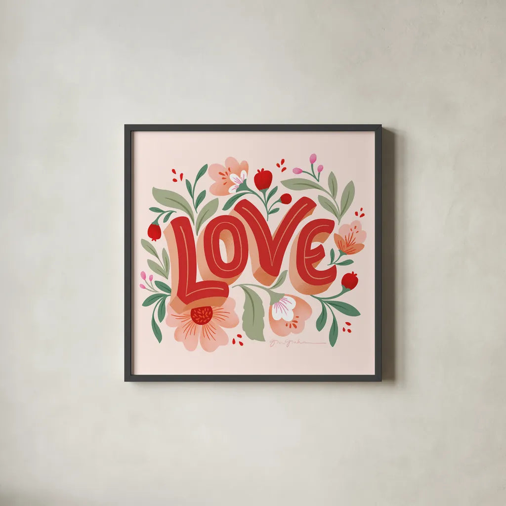Love I Pink by Gia Graham. Shown in a sleek black glass frame for a contemporary gallery look. Available as an archival giclee rolled canvas, fine art paper, or poster print. SKU 85008a.
