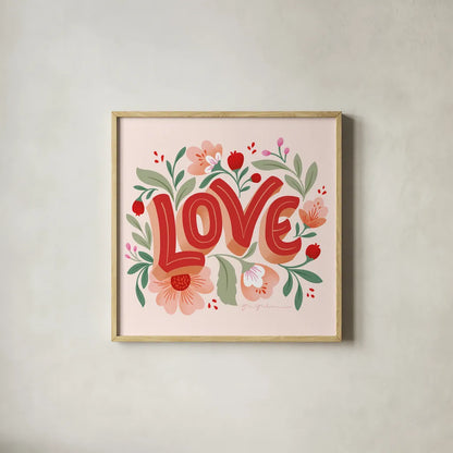Love I Pink by Gia Graham. Shown in a natural wood glass frame for a timeless modern aesthetic. Available as an archival giclee rolled canvas, fine art paper, or poster print. SKU 85008a.