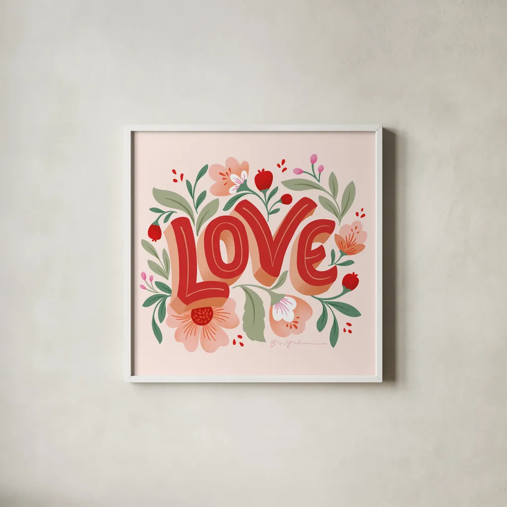 Love I Pink by Gia Graham. Shown in a crisp white glass frame for a clean and minimalist style. Available as an archival giclee rolled canvas, fine art paper, or poster print. SKU 85008a.