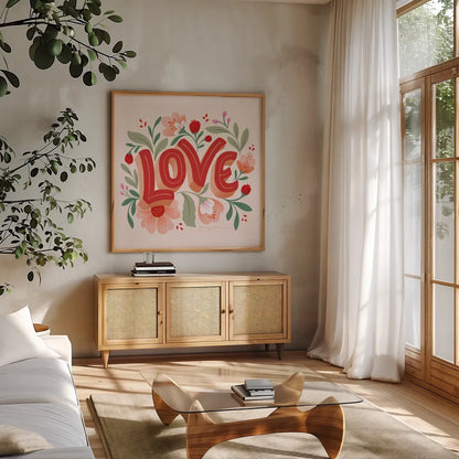 Love I Pink by Gia Graham. Shown in a natural wood frame in a cozy modern living room. Available as an archival giclee rolled canvas, fine art paper, or poster print. SKU 85008a.