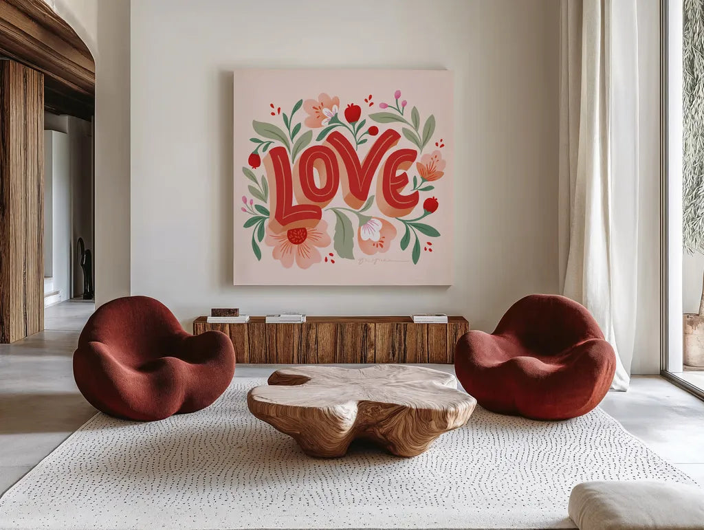 Love I Pink by Gia Graham. Shown as extra-large giant wall art in a modern living room. Available as an archival giclee rolled canvas, fine art paper, or poster print. SKU 85008a.