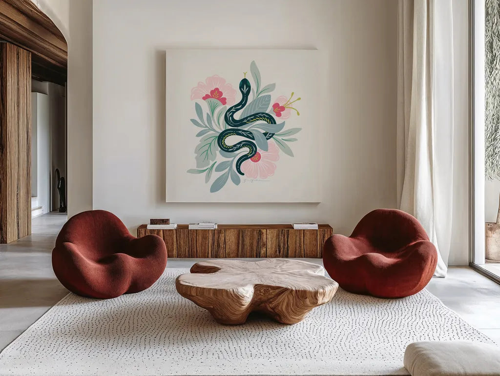 Lush Life III by Gia Graham. Shown as extra-large giant wall art in a modern living room. Available as an archival giclee rolled canvas, fine art paper, or poster print. SKU 80220a.