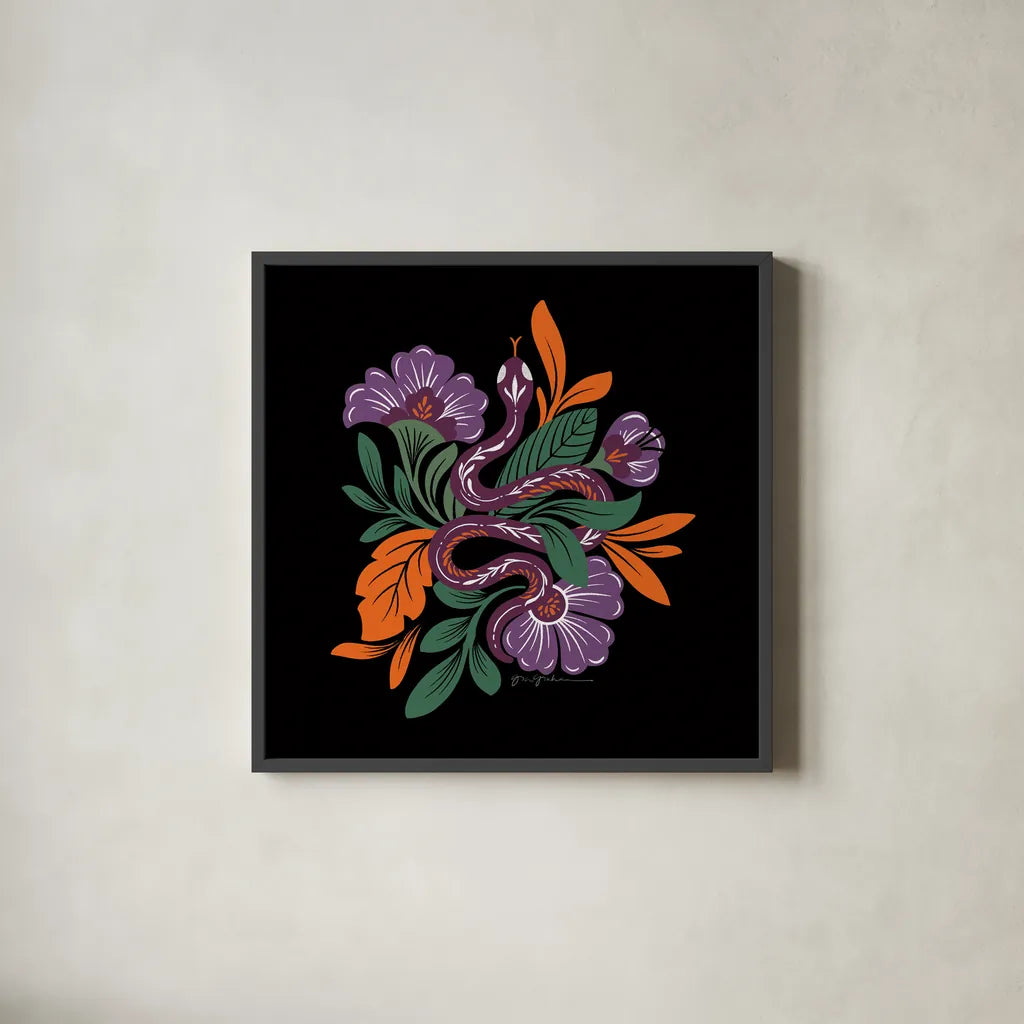 Lush Life III Black and Orange by Gia Graham. Shown in a sleek black glass frame for a contemporary gallery look. Available as an archival giclee rolled canvas, fine art paper, or poster print. SKU 81953a.
