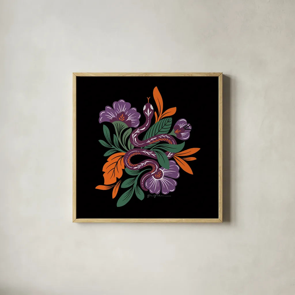 Lush Life III Black and Orange by Gia Graham. Shown in a natural wood glass frame for a timeless modern aesthetic. Available as an archival giclee rolled canvas, fine art paper, or poster print. SKU 81953a.