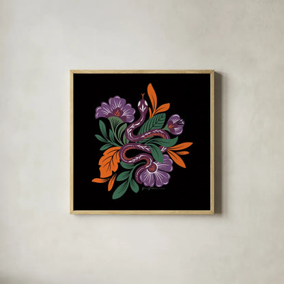 Lush Life III Black and Orange by Gia Graham. Shown in a natural wood glass frame for a timeless modern aesthetic. Available as an archival giclee rolled canvas, fine art paper, or poster print. SKU 81953a.