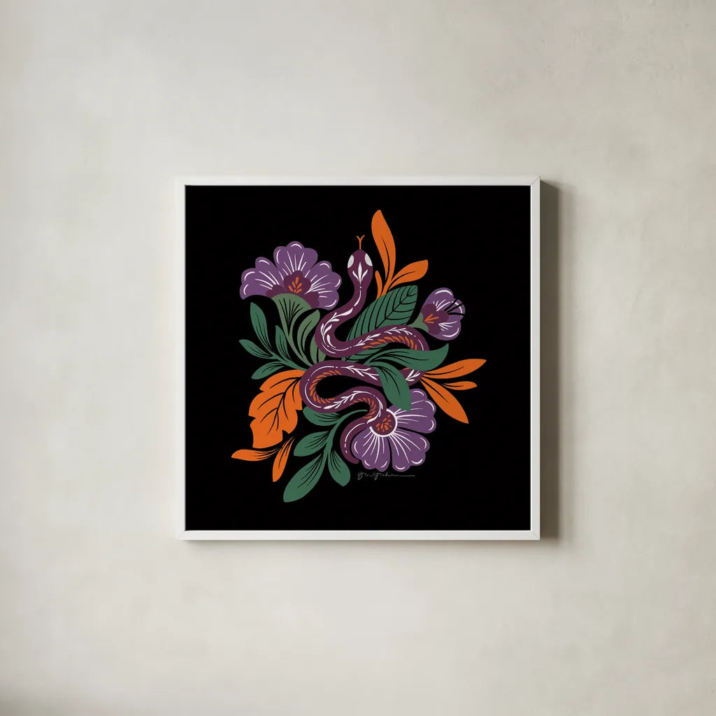 Lush Life III Black and Orange by Gia Graham. Shown in a crisp white glass frame for a clean and minimalist style. Available as an archival giclee rolled canvas, fine art paper, or poster print. SKU 81953a.