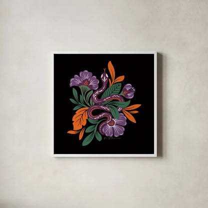 Lush Life III Black and Orange by Gia Graham. Shown in a crisp white glass frame for a clean and minimalist style. Available as an archival giclee rolled canvas, fine art paper, or poster print. SKU 81953a.
