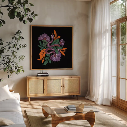 Lush Life III Black and Orange by Gia Graham. Shown in a natural wood frame in a cozy modern living room. Available as an archival giclee rolled canvas, fine art paper, or poster print. SKU 81953a.
