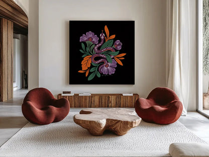 Lush Life III Black and Orange by Gia Graham. Shown as extra-large giant wall art in a modern living room. Available as an archival giclee rolled canvas, fine art paper, or poster print. SKU 81953a.