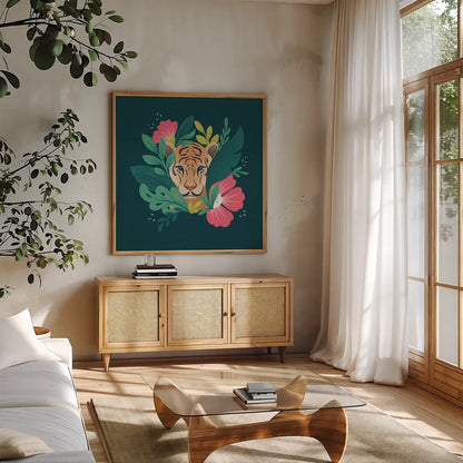 Lush Life IV by Gia Graham. Shown in a natural wood frame in a cozy modern living room. Available as an archival giclee rolled canvas, fine art paper, or poster print. SKU 80221a.