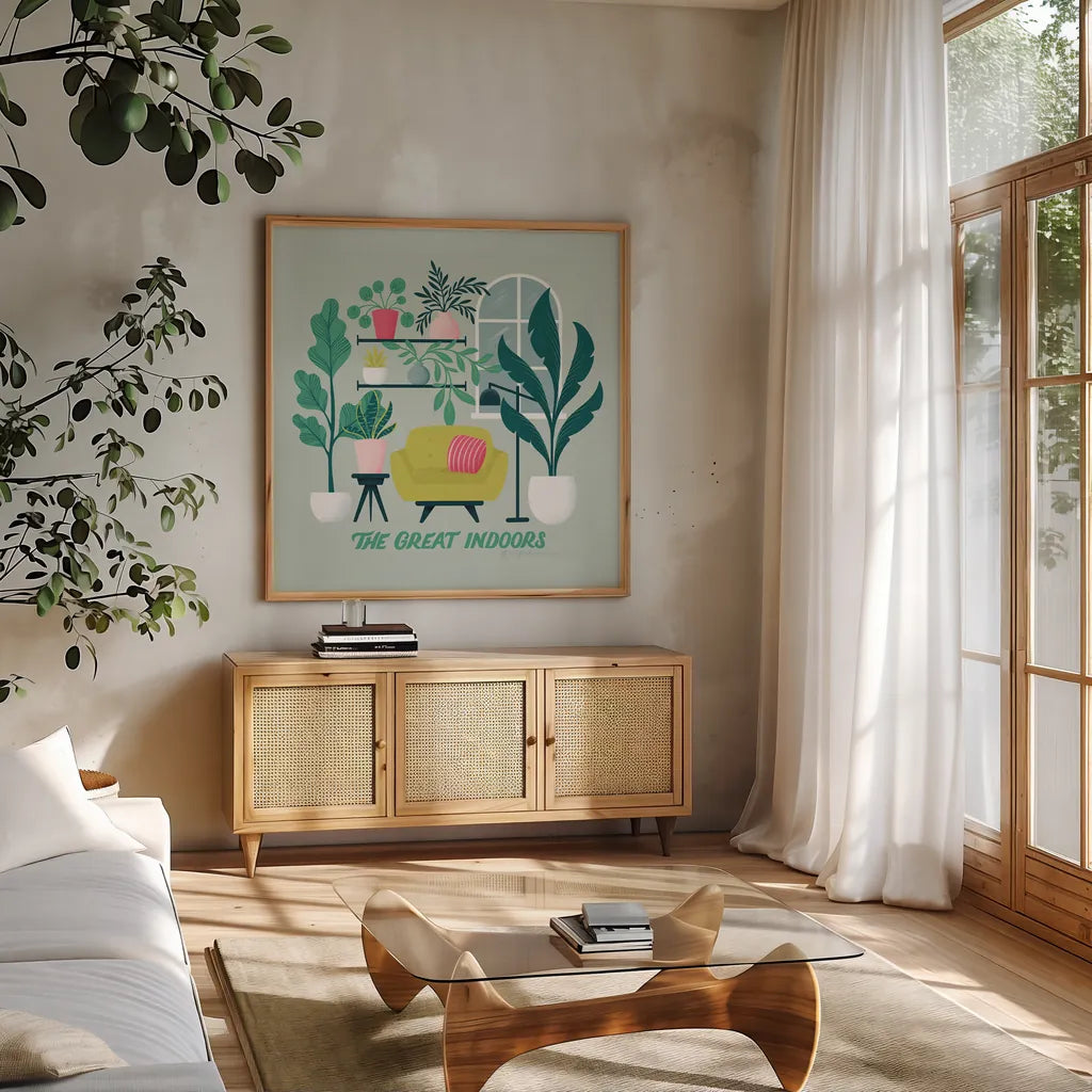 Lush Life IX by Gia Graham. Shown in a natural wood frame in a cozy modern living room. Available as an archival giclee rolled canvas, fine art paper, or poster print. SKU 80226a.