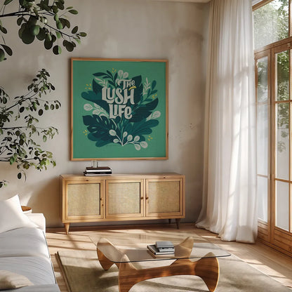 Lush Life V by Gia Graham. Shown in a natural wood frame in a cozy modern living room. Available as an archival giclee rolled canvas, fine art paper, or poster print. SKU 80222a.