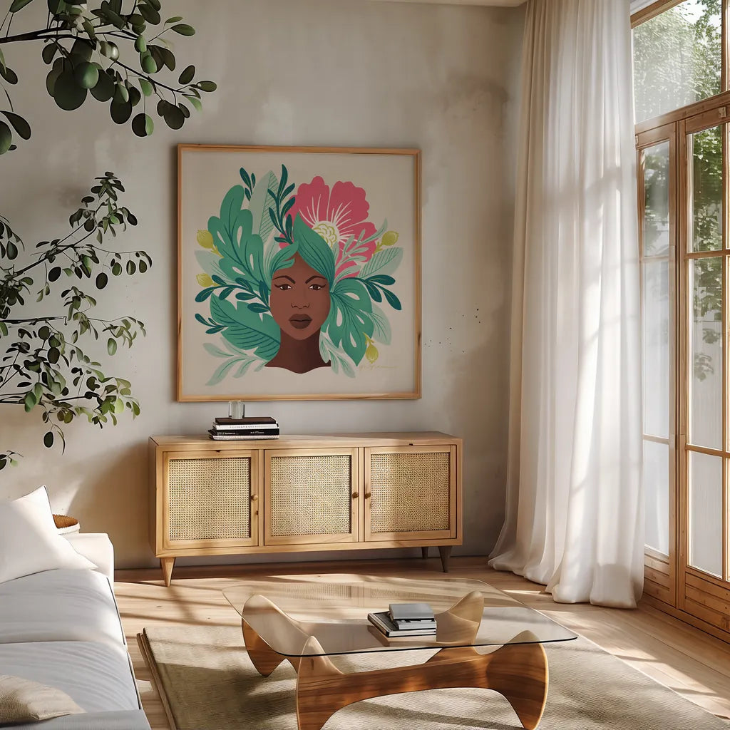Lush Life VI by Gia Graham. Shown in a natural wood frame in a cozy modern living room. Available as an archival giclee rolled canvas, fine art paper, or poster print. SKU 80223a.